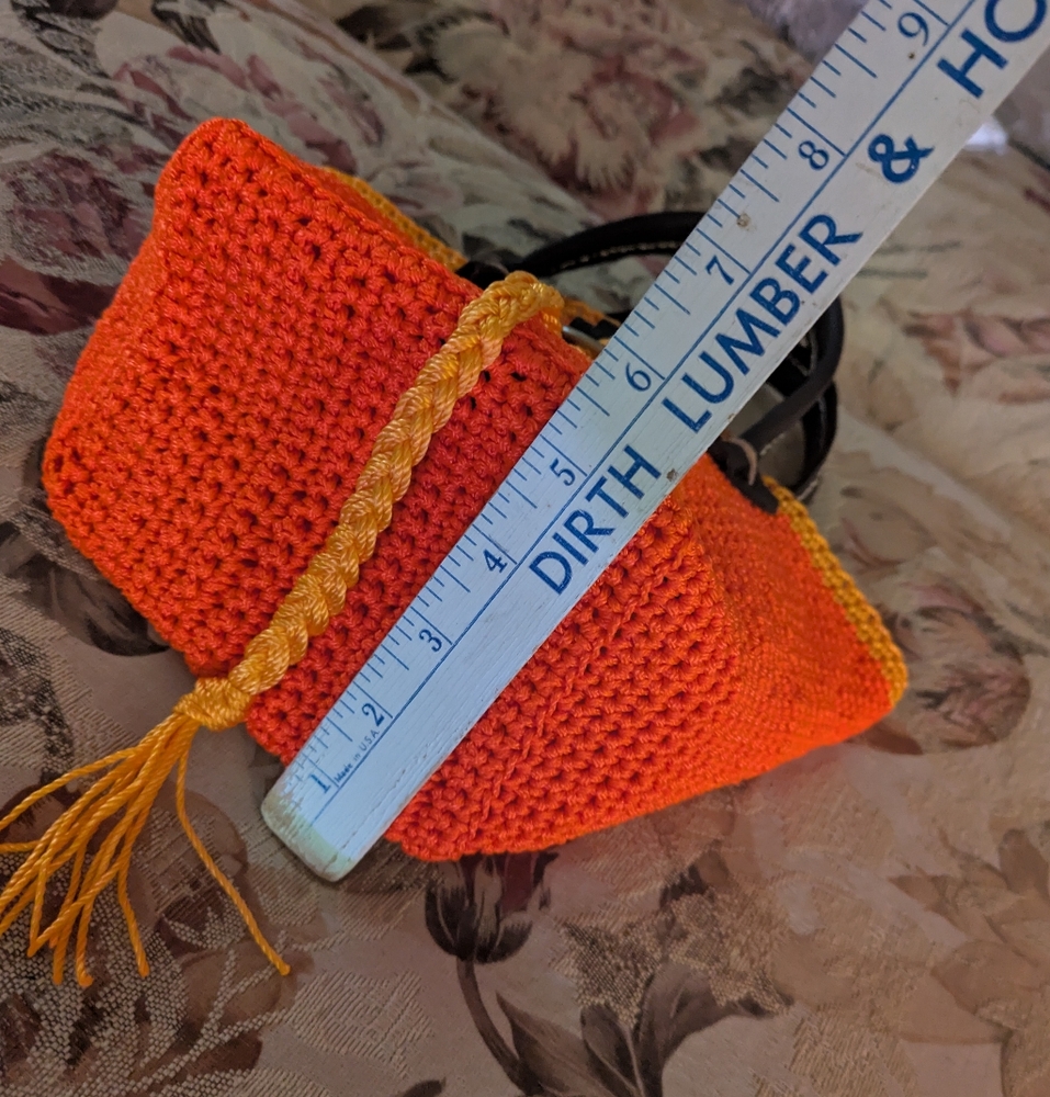 Handmade Crochet Bucket Bag Nylon Mason Line Bright Orange Brown Leather - Picture 12 of 16